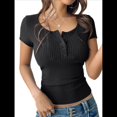 thumbnail image 1 of Camisetas de Verano de Corta con Cuello en U para Mujer, Blusa Informal de Punto Henley con Botones Acanalados. Negro S, 1 of 10