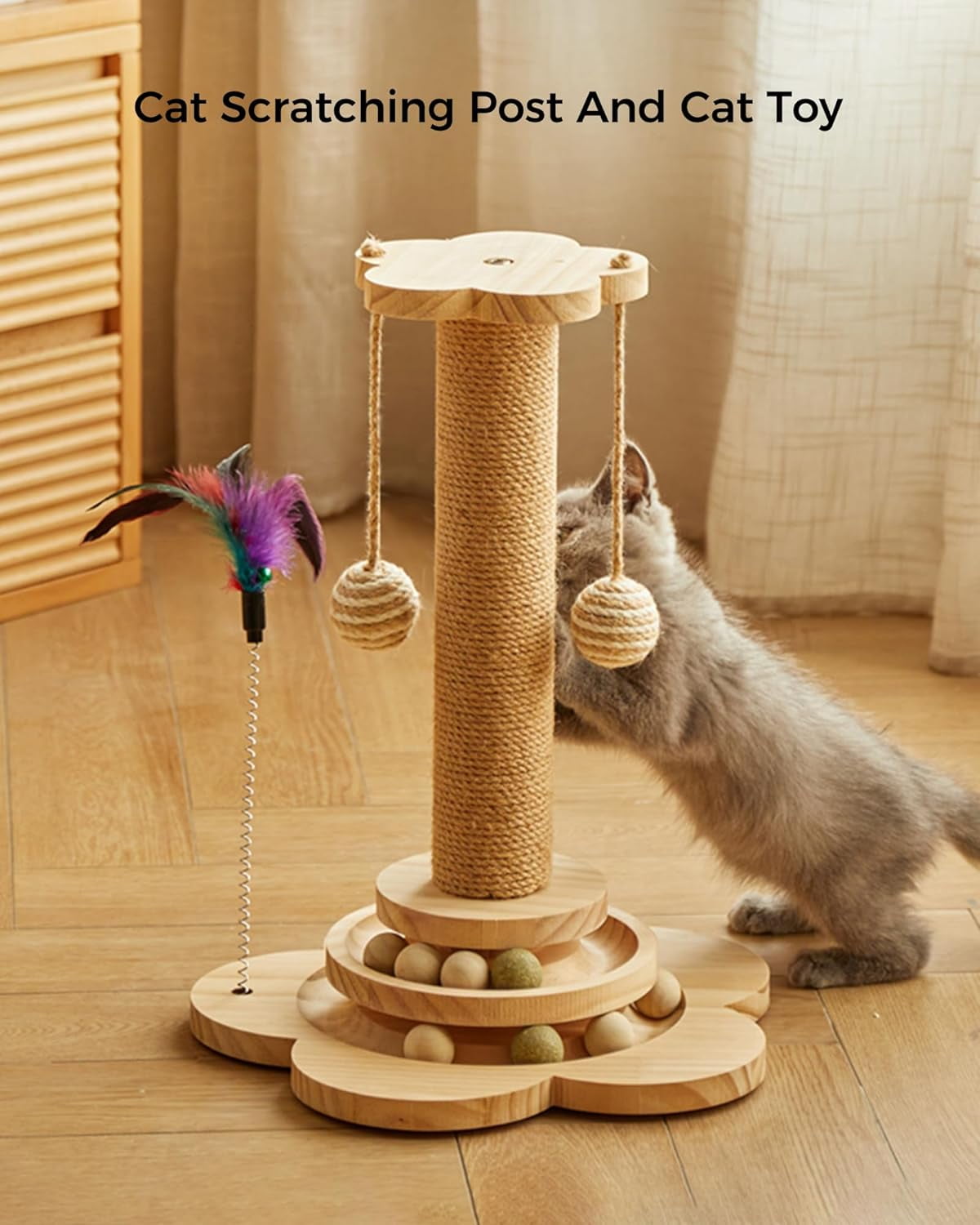 4 in 1 Wooden & Sisal Cat Scratching Post with 2 Level Cat Track Balls & Interactive Feather Toy, Natural Wood