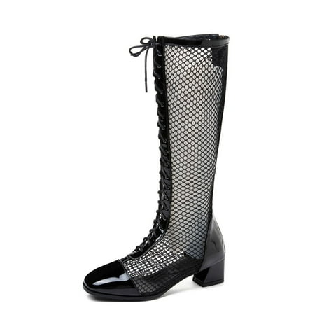 

IELGY Women s Mesh boots Breathable Thick heel Fashion Hollow Straps color matching