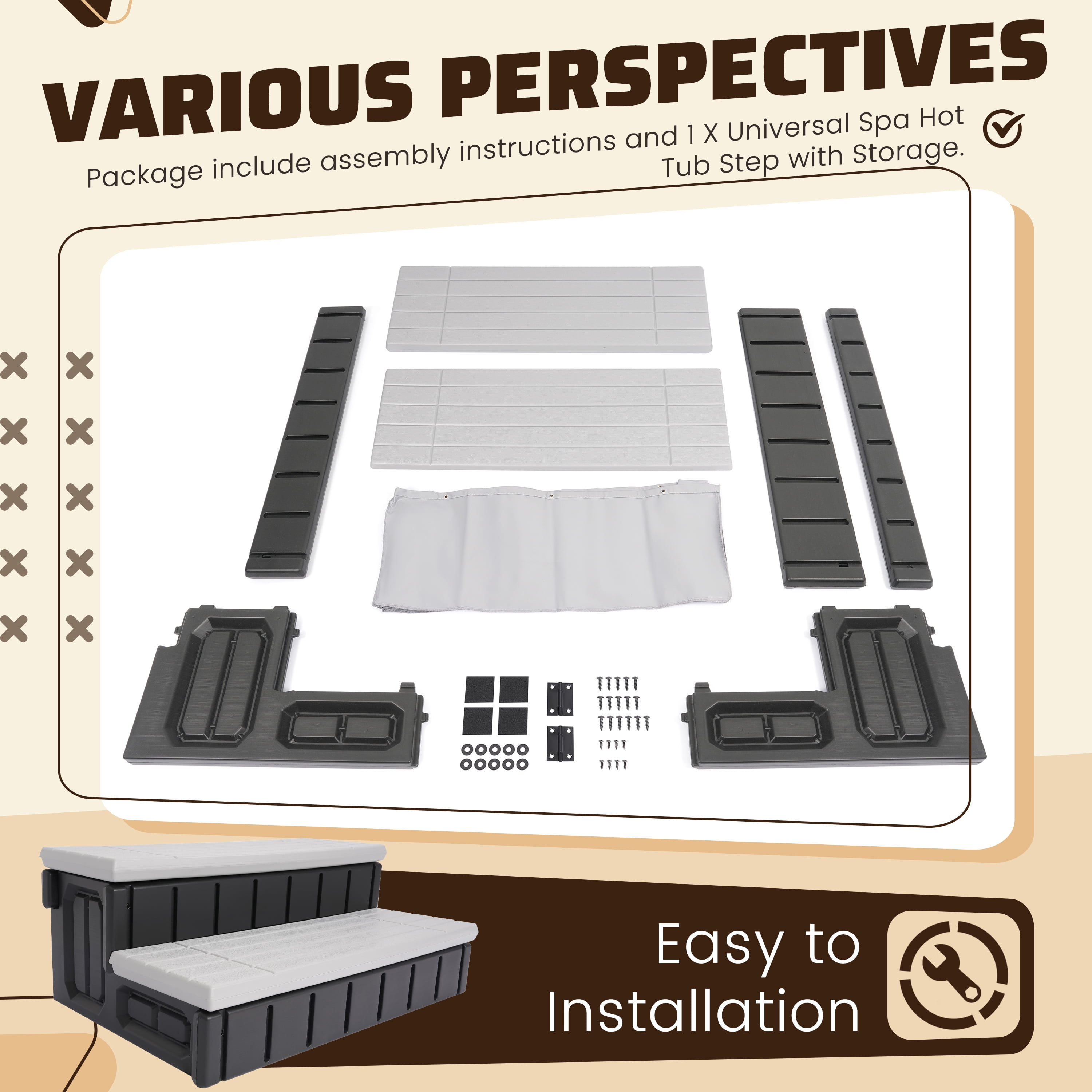 Kojem SPA Step for Hot Tub Outdoor Indoor SPA Slip-Resistant w/ Storage Grayish