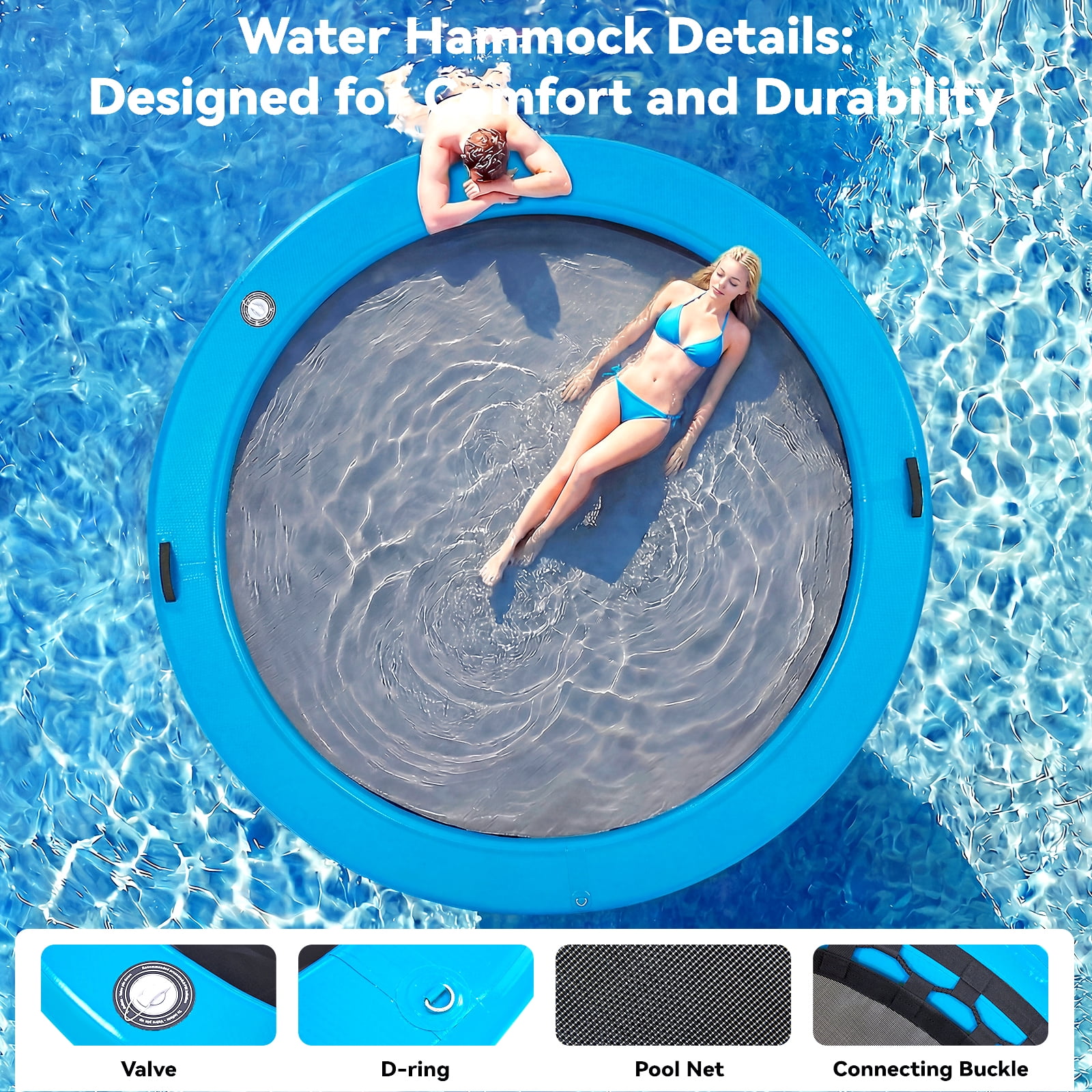 Danrelax 8FT Sunchill Round Inflatable Float Ring for Adults, Heavy Duty Hammock Pool Lounger with Pump, for Lake, Ocean & Pool