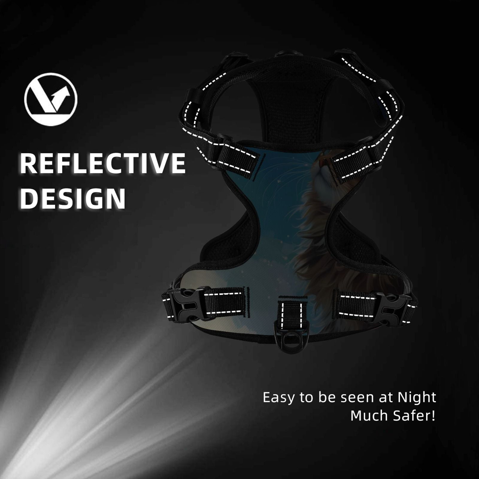 Fuzoiu Blue Sky Winged Cat Print Reflective Dog Harness,Adjustable, Breathable Pet Vest,Dog Harness No Pull,No Choke Pet Vest for Small, Medium, and Large Dogs-Medium
