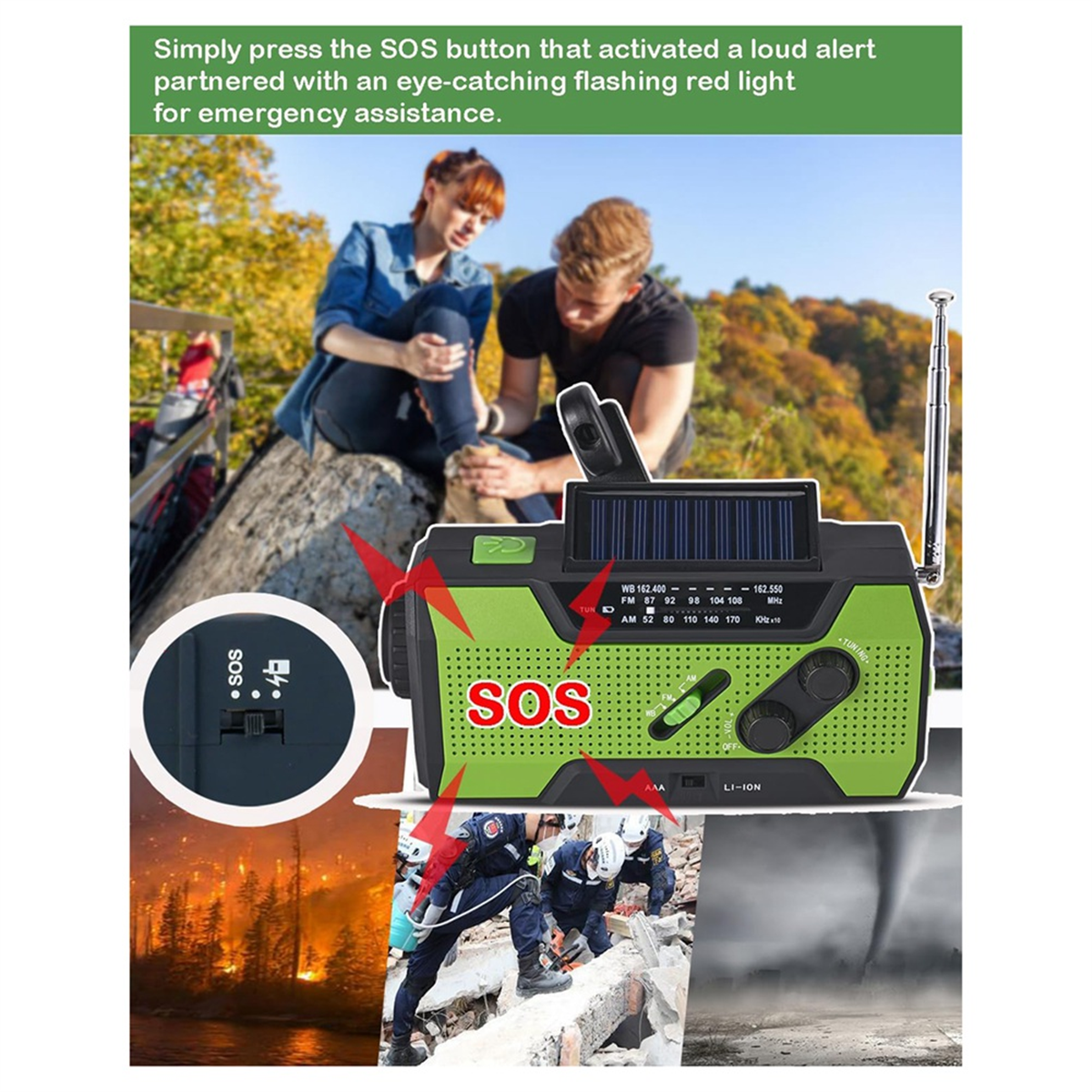 Emergency Weather Radio Hand Crank Portable Solar Charging with AM/FM/ LED Flashlight SOS Alert 2000mah