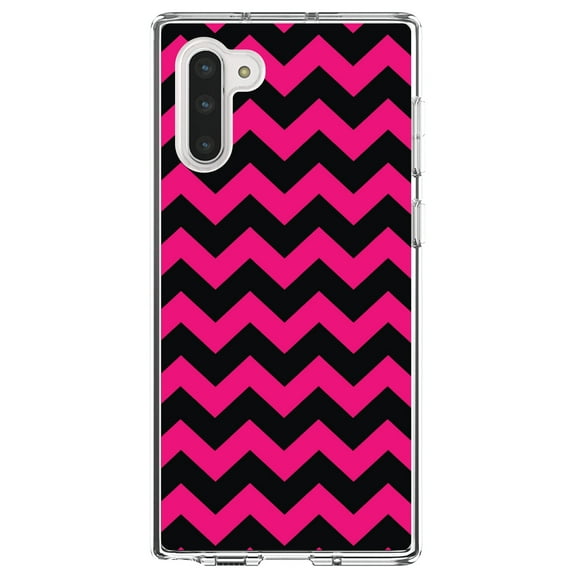 DistinctInk Clear Shockproof Hybrid Case for Samsung Galaxy Note 10 (6.3" Screen) - TPU Bumper, Acrylic Back, Tempered Glass Screen Protector - Black Hot Pink Stripes - Stripes Pattern