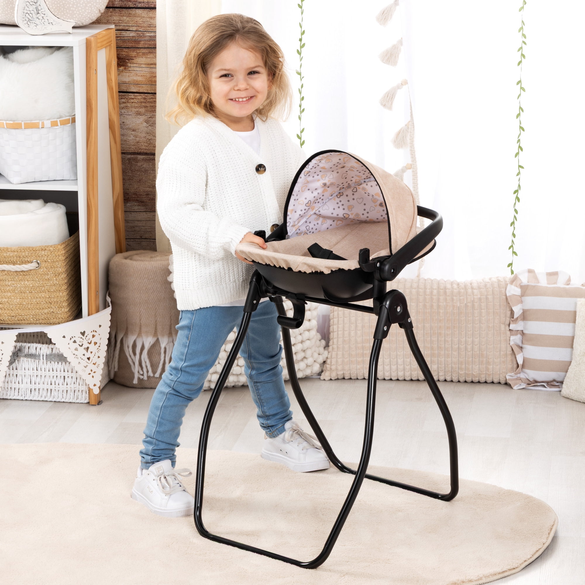 Bayer Design: Doll 4-In-1 Vario - Beige-Black-Hearts - Convertible Toy: Highchair-Swing-Bed-Car Seat, All-In-1 Care Accessory Fits 18" Dolls, Kids 3+
