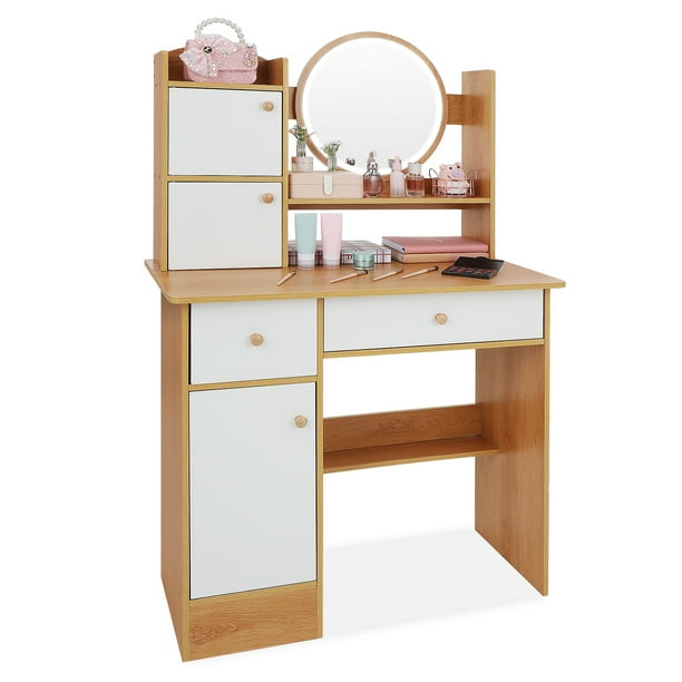 Tocador de maquillaje, mesa de maquillaje, tocador con espejo y luces, tocador con cajones, escritorio multifuncional