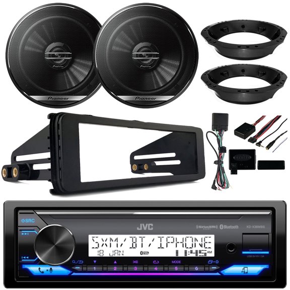 JVC KD-X38MBS Single DIN Marine MotorSports Bluetooth USB AUX LED AM/FM Radio Stereo SiriusXM Ready Amazon Alexa Receiver, 2x 6.5" 2-Way Coaxial Car Speakers, Harley 98-2013 Install Adapter Kit