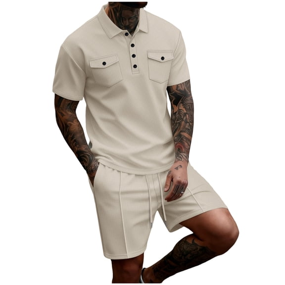 Eryao Big and Tall Sets for Men Ship 2 Piece Waffle Knit Button V Neck Short Sleeve Shirts Matching Elastic Waist Shorts with Pockets Summer Beach Lounge Outfits,Khaki,S