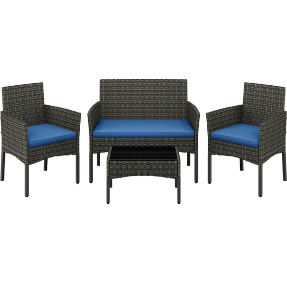 Yaheetech 4-Piece Outdoor Reception Set with Sofa, 2 Armchairs, Glass Table, Gray/Dark Blue