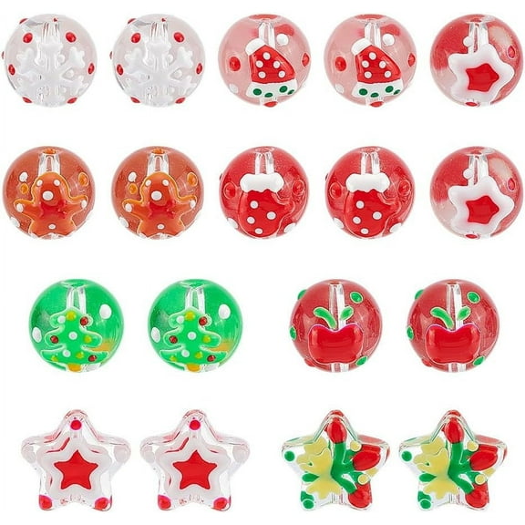18Pcs Christmas Crystal Beads 9 Styles Lampwork Glass Beads with Christmas Theme Pattern for Jewelry Making Bracelet Earrings Necklace Christmas Decoration