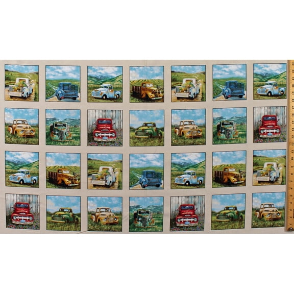 23.5" X 44" Panel Vintage Trucks Rusty Antique Vehicles Colorful Trucks Tan Cotton Fabric Panel (21000CREAM)