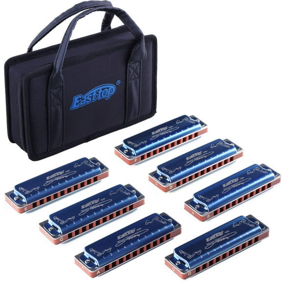East top Harmonica Set of 7, 10 Holes Blues harp set 008K Diatonic Mouth Organ set of 7 with Blue Case for Beginners, Professionals and Students, as Gift(7)