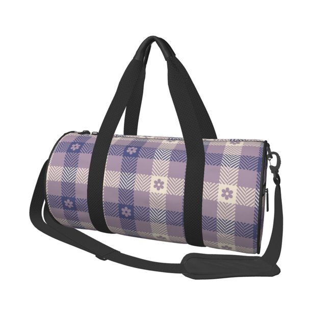 Fotbe Purple Floral Gingham Check Plaid Bolsa Deportiva de Lona Plegable con Estampado, Bolsa de Gimnasio con Bolsillo Seco/Húmedo, Bolsa de Viaje Ultraligera de Gran Capacidad