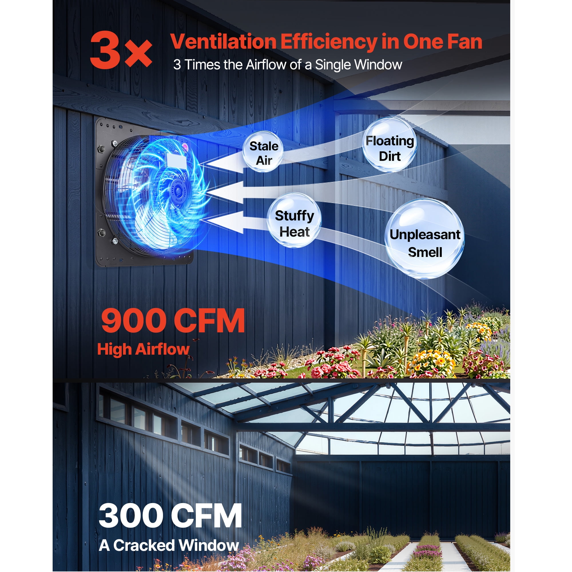 KFFKFF 10-Inch Wall-Mounted Shutter Exhaust Fan with Adjustable Speed, 900 CFM, Durable Steel Construction, Quiet Operation for Ventilation in Sheds, Garages, and Greenhouses, Black