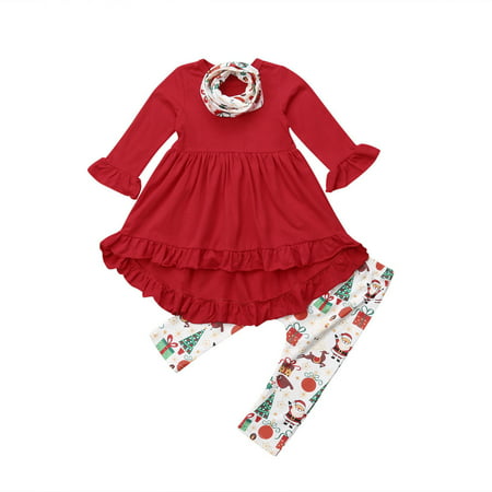Toddler Kids Baby Girls Christmas Clothes Long Sleeve Ruffle Tops Dress+Leggings Pants scarf Outfits Set