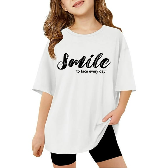 lnmuld Girls Short Sleeve T-Shirt,Girls Letter Printed Short Sleeve T-Shirts Oversized Casual Crewneck Basic Tees for Kids Comfortable Daily Wear,Kids Cotton Tshirt Size:13-14 Years