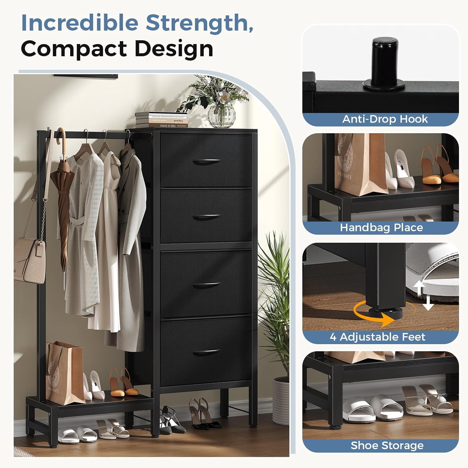 JIOABL 4 Drawer Dresser with Hanging Rack, Steel Frame, Fabric Drawers, Tall Storage Organizer for Bedroom, Black