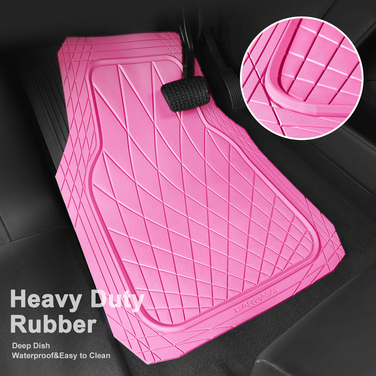 CAR GRAND Premium Heavy Duty Rubber Car Floor Mats Deep Dish All Weather Water Proof Easy Clean Universal Trim Fit Sedan SUV Van Truck All Pink