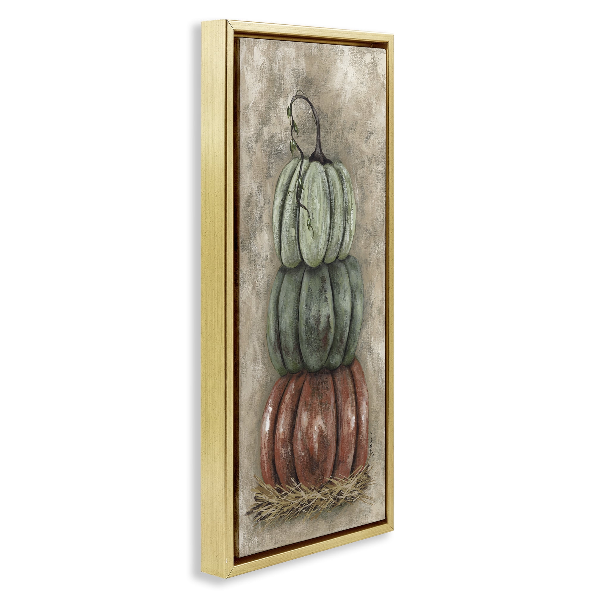 Stupell Industries Stacked Rustic Pumpkins Botanical & Floral Painting Gold Floater Framed Art Print Wall Art, 15 x 31