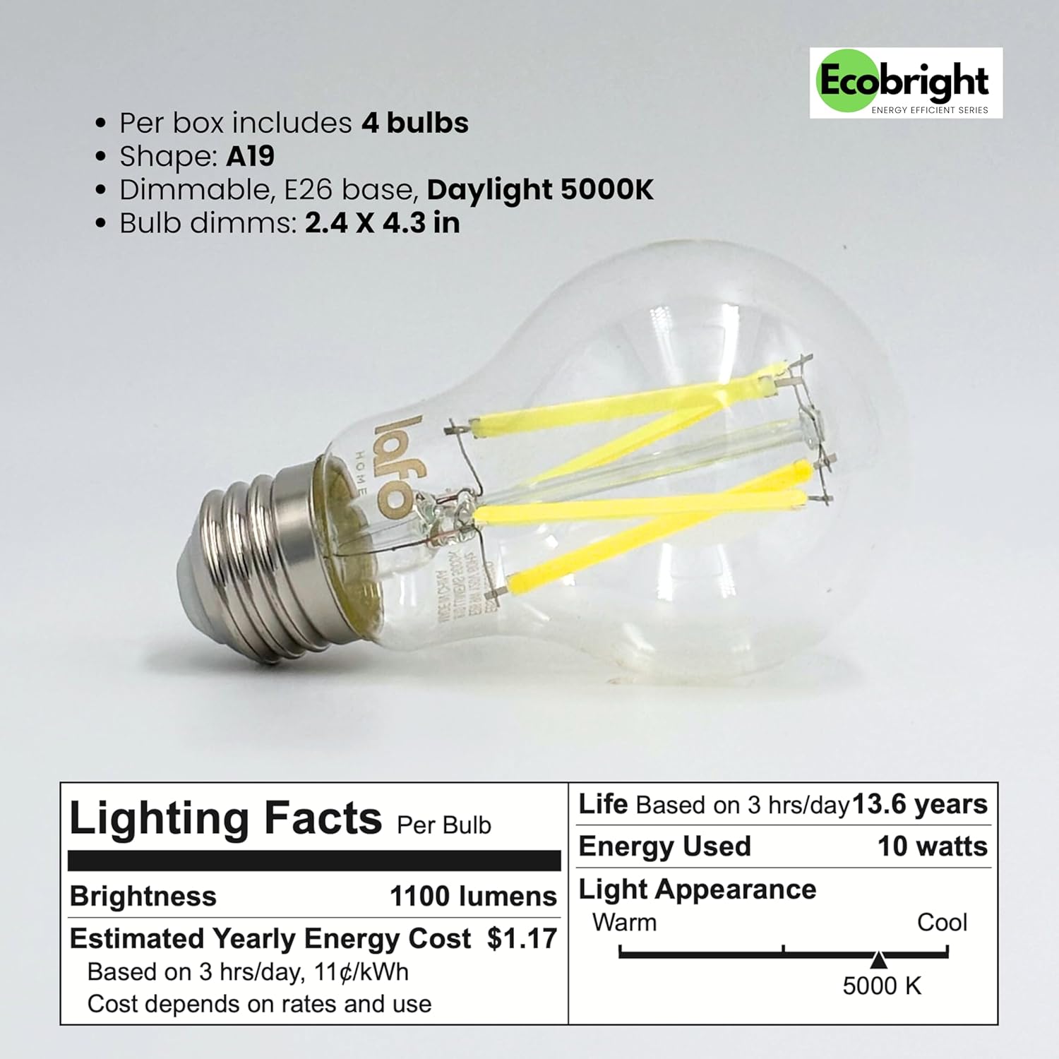 LafoHome EcoBright A19 LED Filament Bulb, 100W Equivalent, 5000K Daylight, Dimmable, 4-Pack