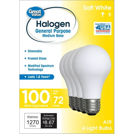 Great Value Halogen Light Bulbs  100 Watts  Soft White  A19 General Purpose  4pk