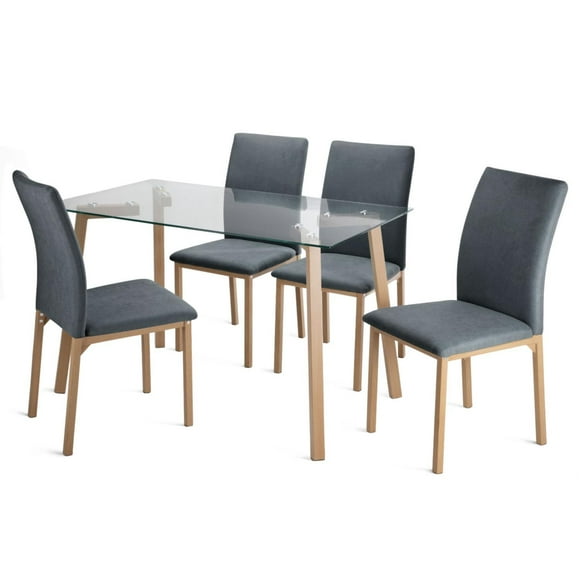 Juego De Comedor Con 4 Sillas Tapizadas Mesa Rectangular De Vidrio Estilo Compacto Kingshouse gris