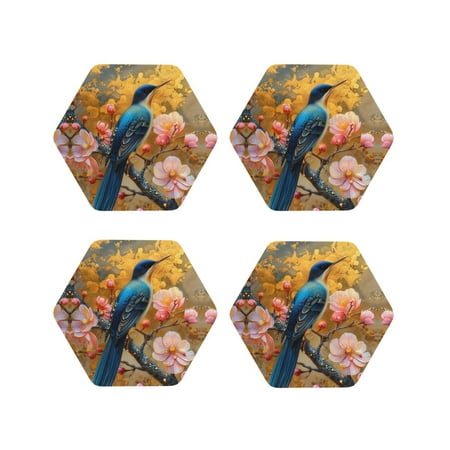 

Leather Coasters Set of 4 - Bluebird Blossom Elegance Lightweight Non-Slip Drink Coasters for Desk Anti-Scalding Desk Cup Coasters for Office Table Decor Hexagon