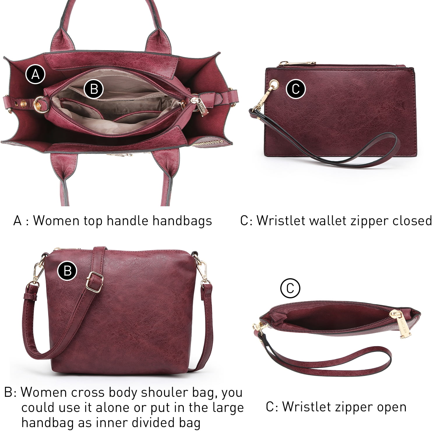 Women's 3Pcs Purse Handbag Shoulder Bag Tote Satchel Hobo Bag Briefcase Work Bag for Ladies