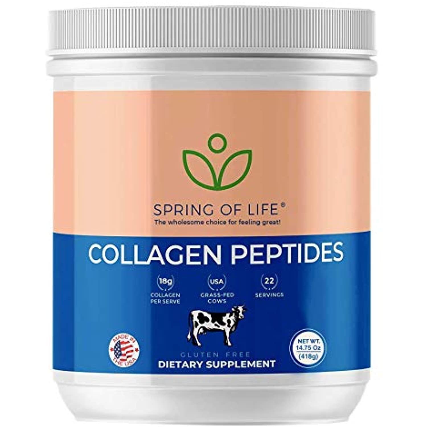 Spring of Life Collagen Peptides, from GrassFed Cows, 18g Collagen