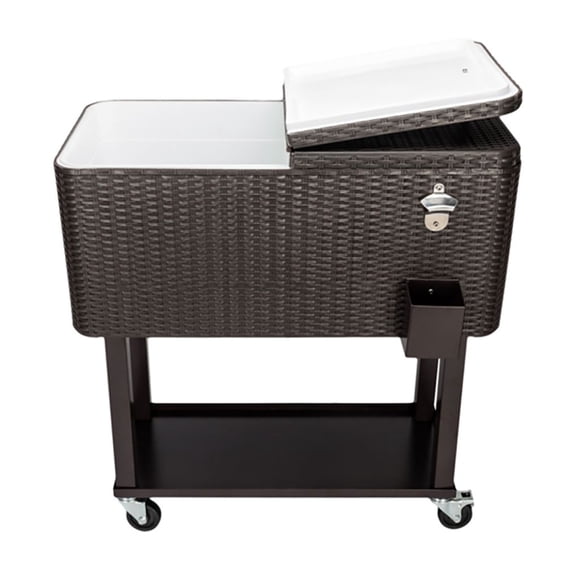 80QT Rattan Cooler Cart with Square Legs & Lower Shelf – Outdoor Beverage Cooler with Stylish Storage