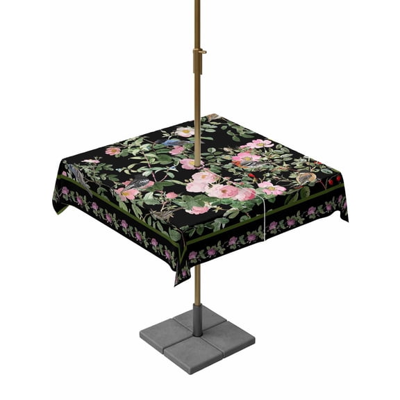 Outdoor Tablecloth with Umbrella Hole and Zipper, Black Spring Floral Square Table Cloth 60x60 Inch Waterproof Tablecloth, Elegant Pastoral Flowers Birds Watercolor Picnic Table Cover for Patio