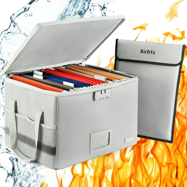 Fireproof Document Box with Lock, Foldable File Box, with Handles
