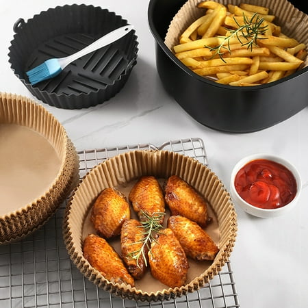 

Air Fryer Paper Liners Set Non-Stick Air Fryer Parchment Bowl with Silicone Tray and Brush Oil Resistant Waterproof Food Grade Parchment Paper for Baking Roasting Microwave