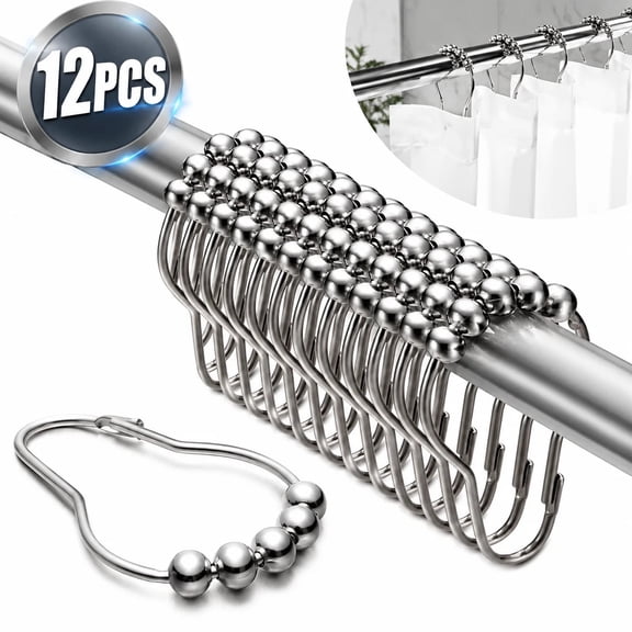 12 Pack Stainless Steel Shower Curtain Rings for Bathroom by - Rust Proof Shower Curtain Hooks for Bathroom, Metal Shower Curtain Hooks, Chrome (Silver)