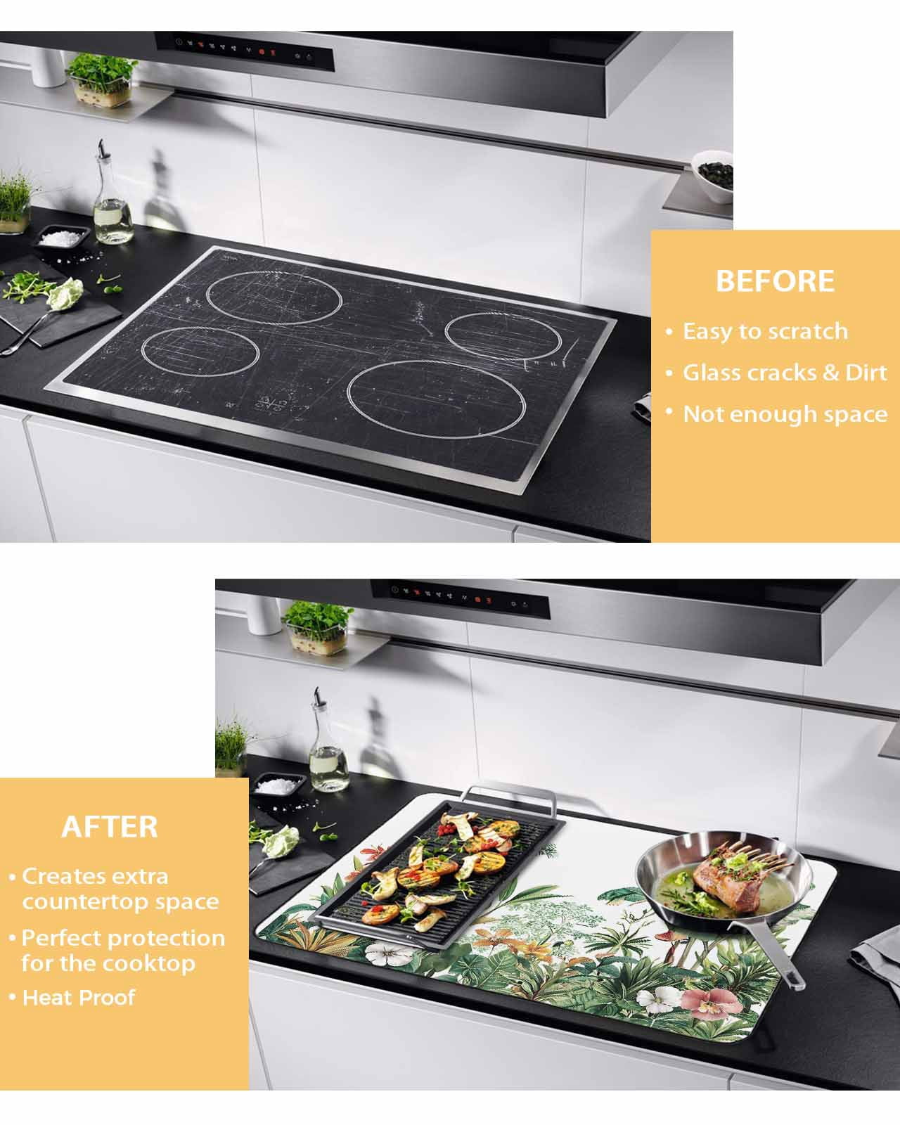 nqOlkjepod Large Induction Cooktop Protector Mat 36"x21", Green Tropical Leaves Stove Top Covers for Electric Stove, Summer Floral Vintage Decorative Stove Burner Cover Mats, Glass Top Stove Cover