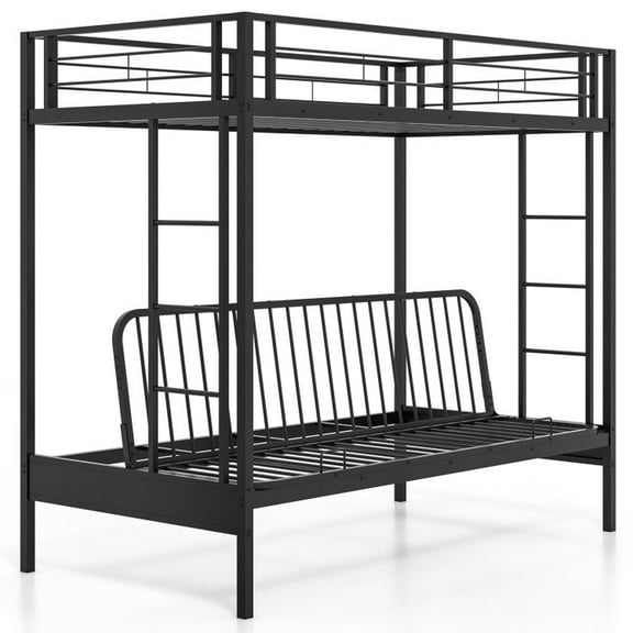 GVN Sturdy Bed Frame, Bedroom Platform Bed Frame,Twin Over Futon Bunk Bed with 2 Ladders and Safety Guardrails-Black