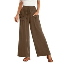 ABATAB Palazzo Pants for Women Summer Wide Leg Drawstring Pants Trendy Cotton Linen Beach Vacation Outfits with Pockets