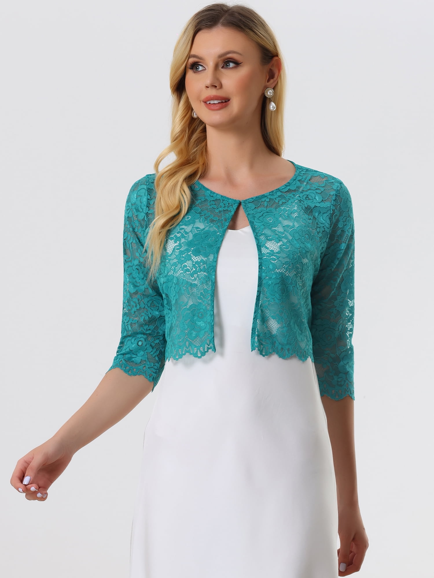 DARING DIVA Leisure Allover Floral Lace Crop Shrug Cardigan XS Malachite Green