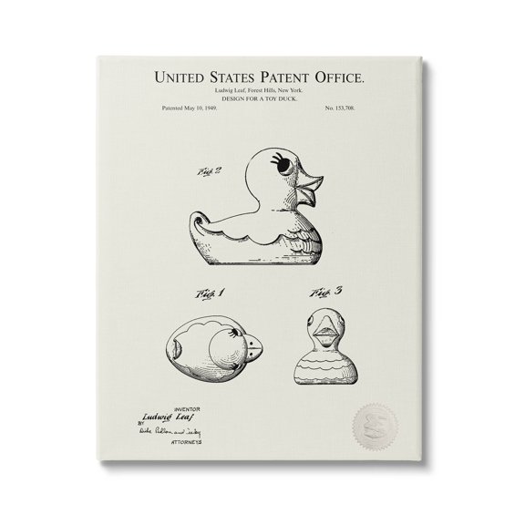 Stupell Industries Vintage Duck Toy Patent Graphic Art Gallery Wrapped Canvas Print Wall Art, Design by Karl Hronek