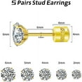 thumbnail image 2 of Monebena 5 Pairs Titanium Screw Back Stud Earrings Set Round Cubic Zirconia Earrings for Women Men, Gold (2-6mm), 2 of 10