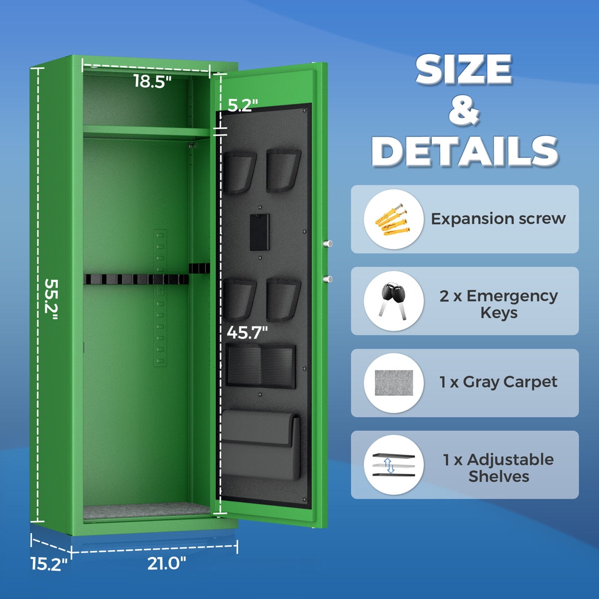 SOLAURA 10-14 Gun Safe, Quick Access Long Gun Safe for Home Rifles and Pistols, Large Gun Cabinet with Adjustable Shelves for Home, Office(Assembly Required, Green)