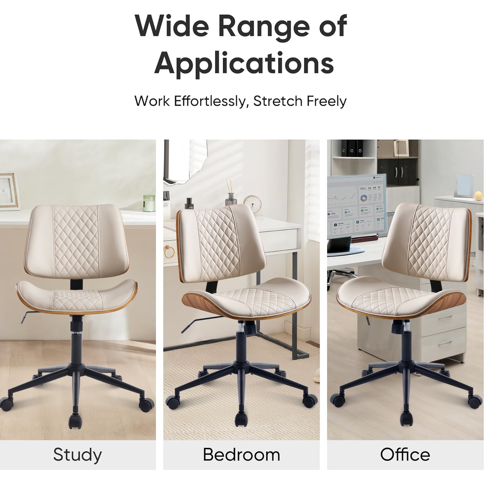 Home Office Chair with Wheels, Adjustable Height and 360° Swivel Armless Desk Chair, Modern PU Leather Mid-Back Computer Chair for Office Living Room Bedroom, Beige