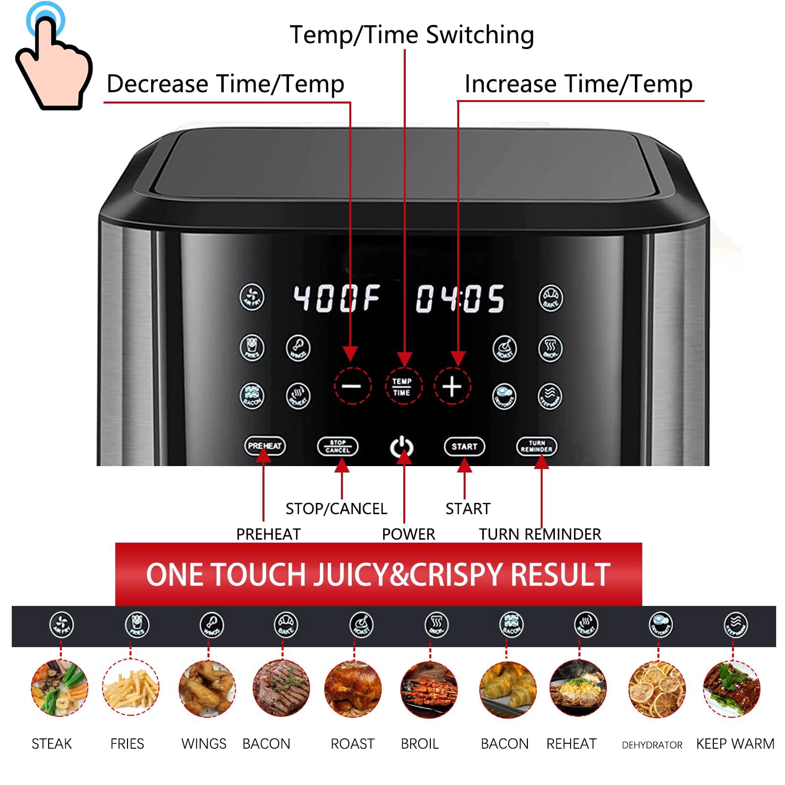 PRIJESSE 8QT Digital Air Fryer, 1500W Electric Air Fryer Toaster Oven Oil Free Multifunction Air Fry with 60 Minute Timer for Baking and 10 Preset Programs, Stainless Steel Accents