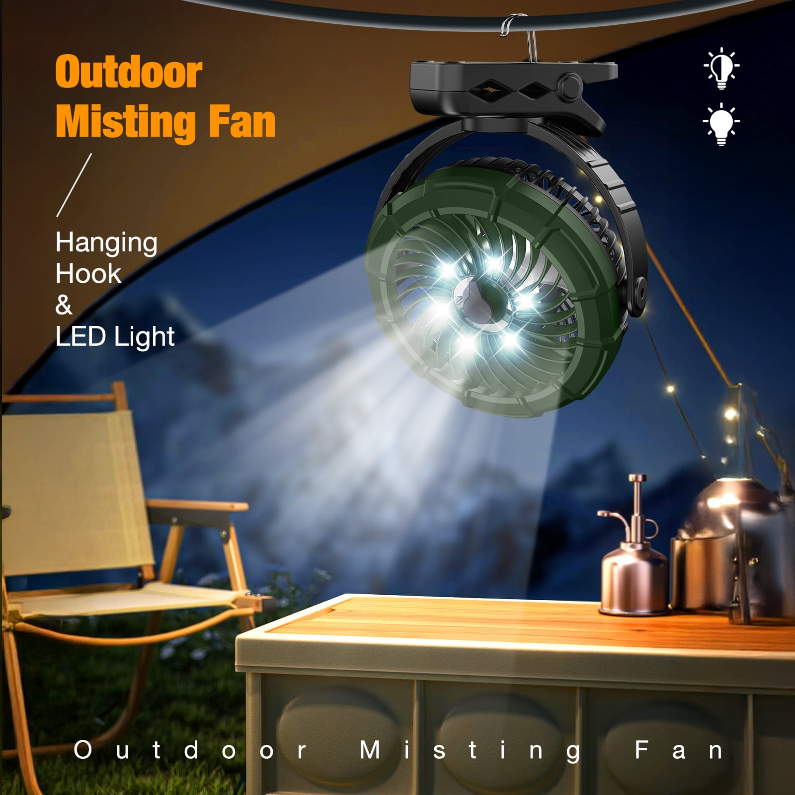 JINLICTE Portable Misting Clip on Fan with 5200mAh Battery, 3 Speeds & LED Light - 360° Rotation Mist Cooling Fan for Stroller, Camping, Outdoor Use - Rechargeable, Adjustable Hook Design