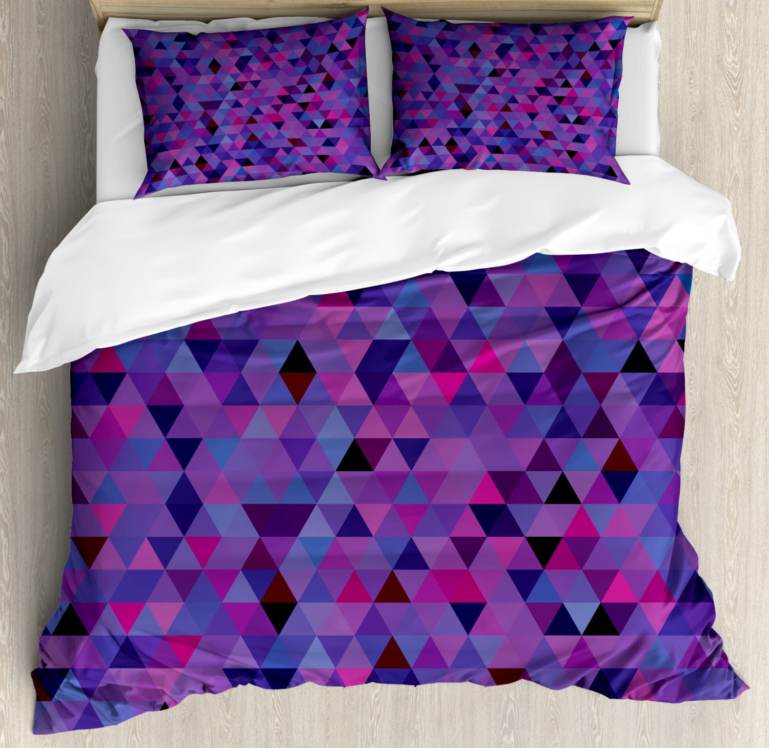 Eggplant King Size Duvet Cover Set, Small Triangles Froming an Abstract
