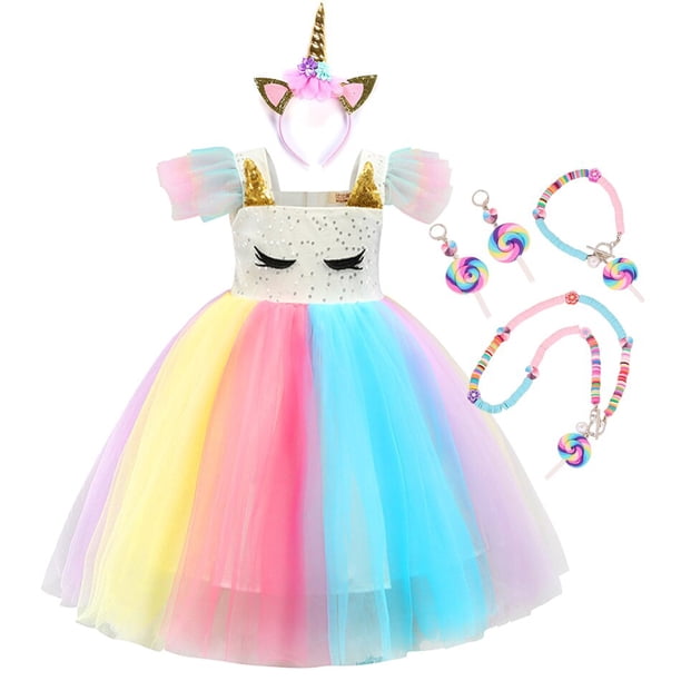 Niñas Lentejuelas Unicornio Tutu Vestido Arco Iris Niños Unicornio Vestidos Para Niñas Fiesta de Cumpleaños Princesa Vestido Niños Ropa Vestidos (6-7T) Etiqueta 130 Gao Jinjia LED