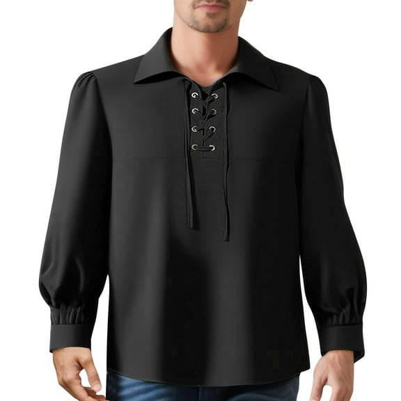 LZHGirlshop Men's Classic Shirts Lace Up Cotton Shirt Vintage Costume Long Sleeve Tops for Medieval Viking Hippie Tops,Black,2XL