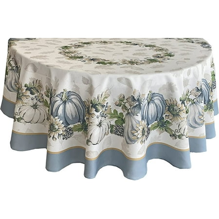 

Newbridge Blue Pumpkin Farmhouse Harvest Bordered Thanksgiving Fabric Tablecloth Stonewashed Fall Pumpkin Easy Care Autumn Tablecloth 60” x 84” Oval