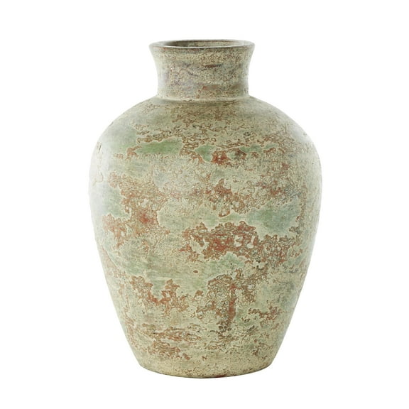 DecMode 14" Antique Style Textured Brown Ceramic Vase with Green and Copper Accents