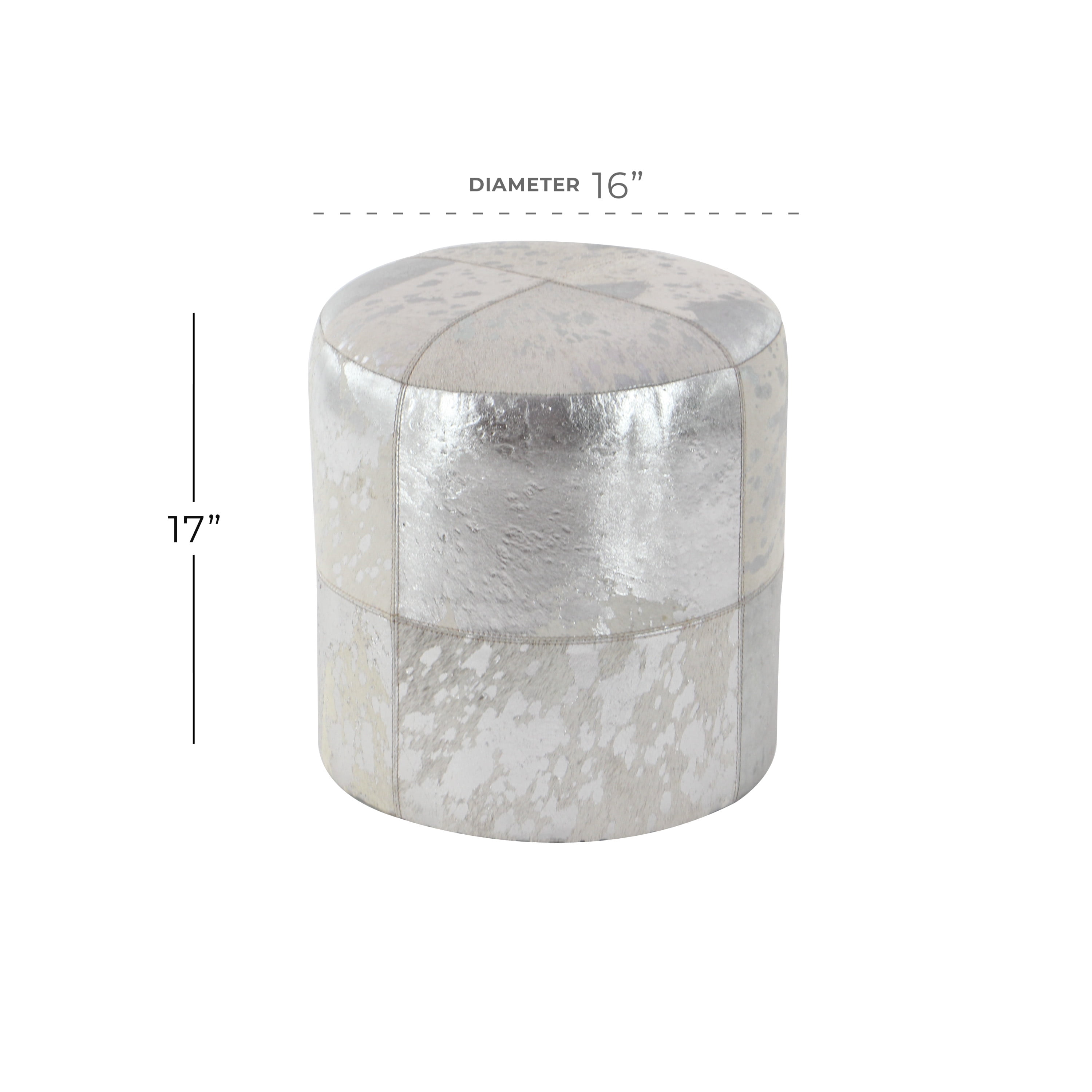 Decmode 16" x 17" Silver Leather Handmade Ottoman with Silver Foil Paint, 1-Piece